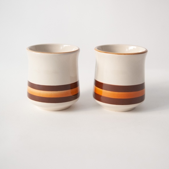 ▫️Vtg 70s Stoneware Striped Cream and Brown Mugs - Picture 3 of 8